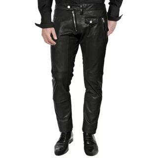 Mens Cross Front Zipper 100% Real Lambskin Black Leather Trousers Pants