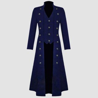 Mens Steampunk Clothing Military Trench Long Cosplay Blue Coat