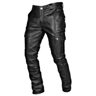 Mens Trendy Real Lambskin Black Leather Cargo Pants