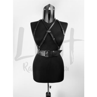 Multi-Wear Black Leather Harness with Wide Waist Belt