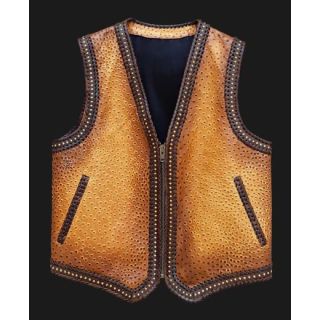 Ostrich Embossed Distressed Leather Mens Motorcycle Concealed Carry Biker Vest