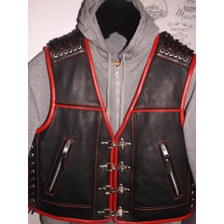 Patch Vest Mens Heavy Buckle Motorcycle Concealed Carry Biker Red Trimmed Black Leather Vest