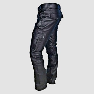 Mens Flap Pockets Full Length Leather Pants in Black