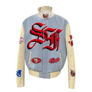 SAN FRANCISCO 49ERS WOOL & LEATHER VARSITY JACKET Baby Blue & Black