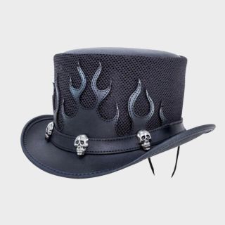 Skulls Mens black leather Hat with Flames Mesh Design
