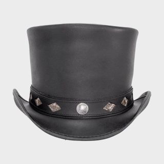 Topper Top Diamond Inlay Black Leather Steampunk Gothic Biker Motorcycle Rider Hat