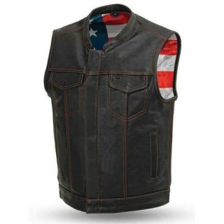 US Flag Men Club Style Biker Motorcycle Concealed Carry Leather Vest