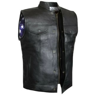 US Flag Men Club Style Biker Motorcycle Concealed Carry Black Leather Vest