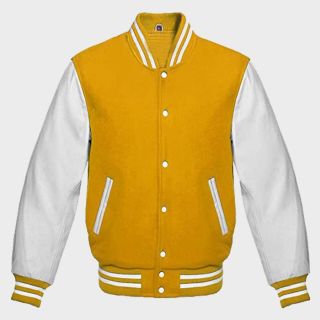 VARSITY BASEBALL YELLOW WOOL WHITE LEATHER SLEEVES JACKET