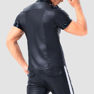 Mens Leather Shirt Plain Epaulette Chest Pockets Spread Collar Button-down Slim Fitted Short Sleeve Black Leather Shirt